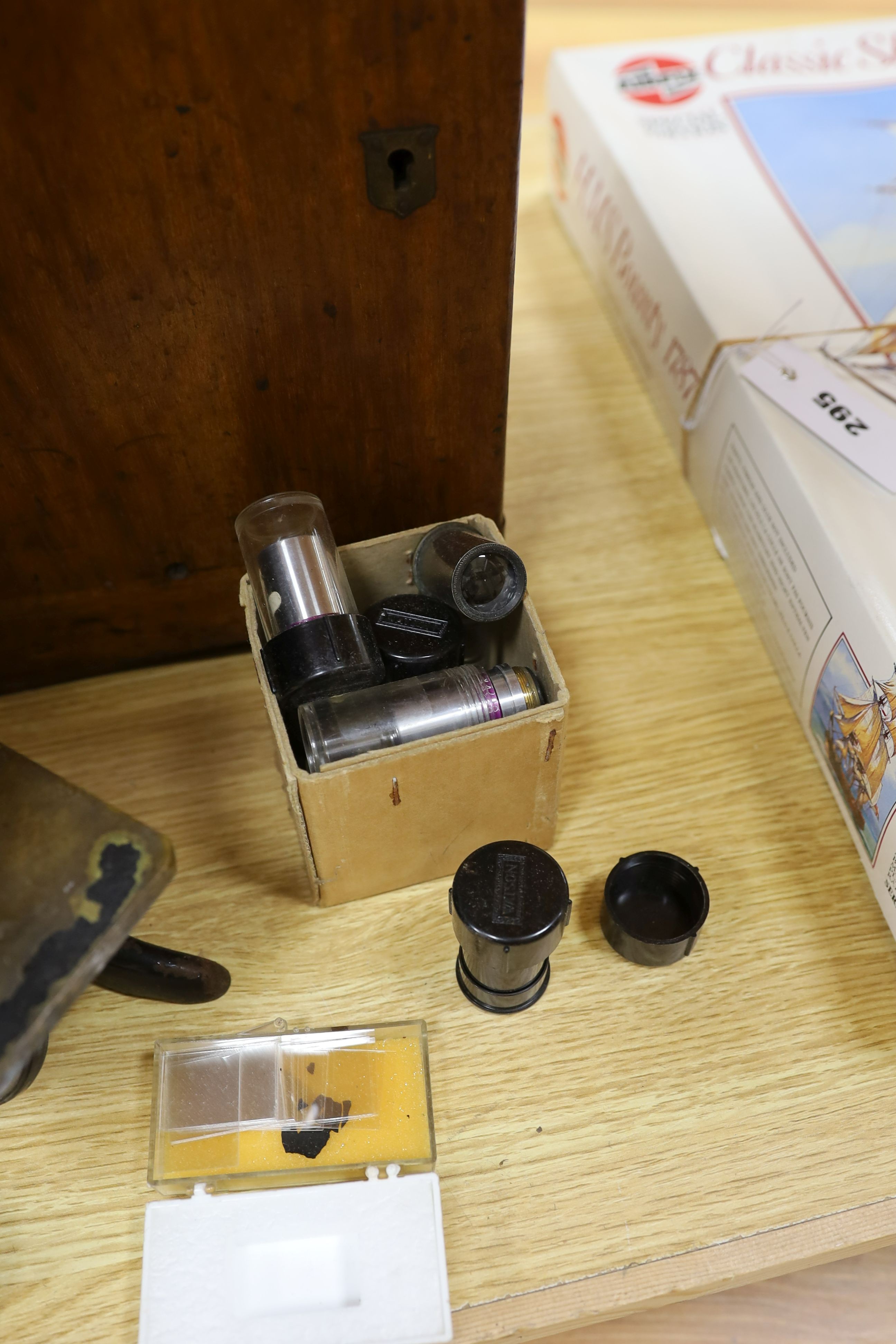 A Victorian sewing machine, Corona typewriter and two microscopes